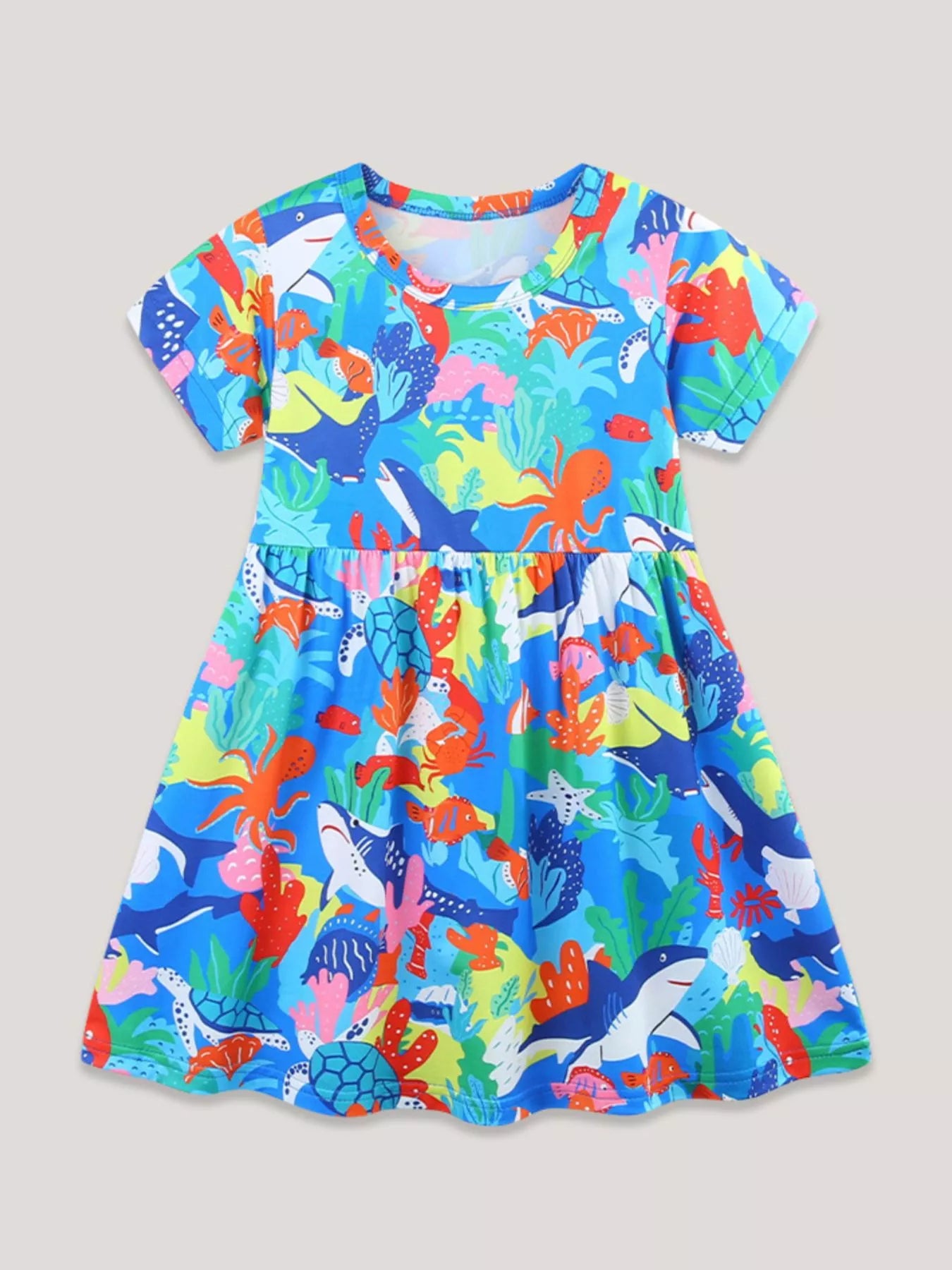 Girls Colorful Ocean Sea Life Print Round Neck Casual Dress