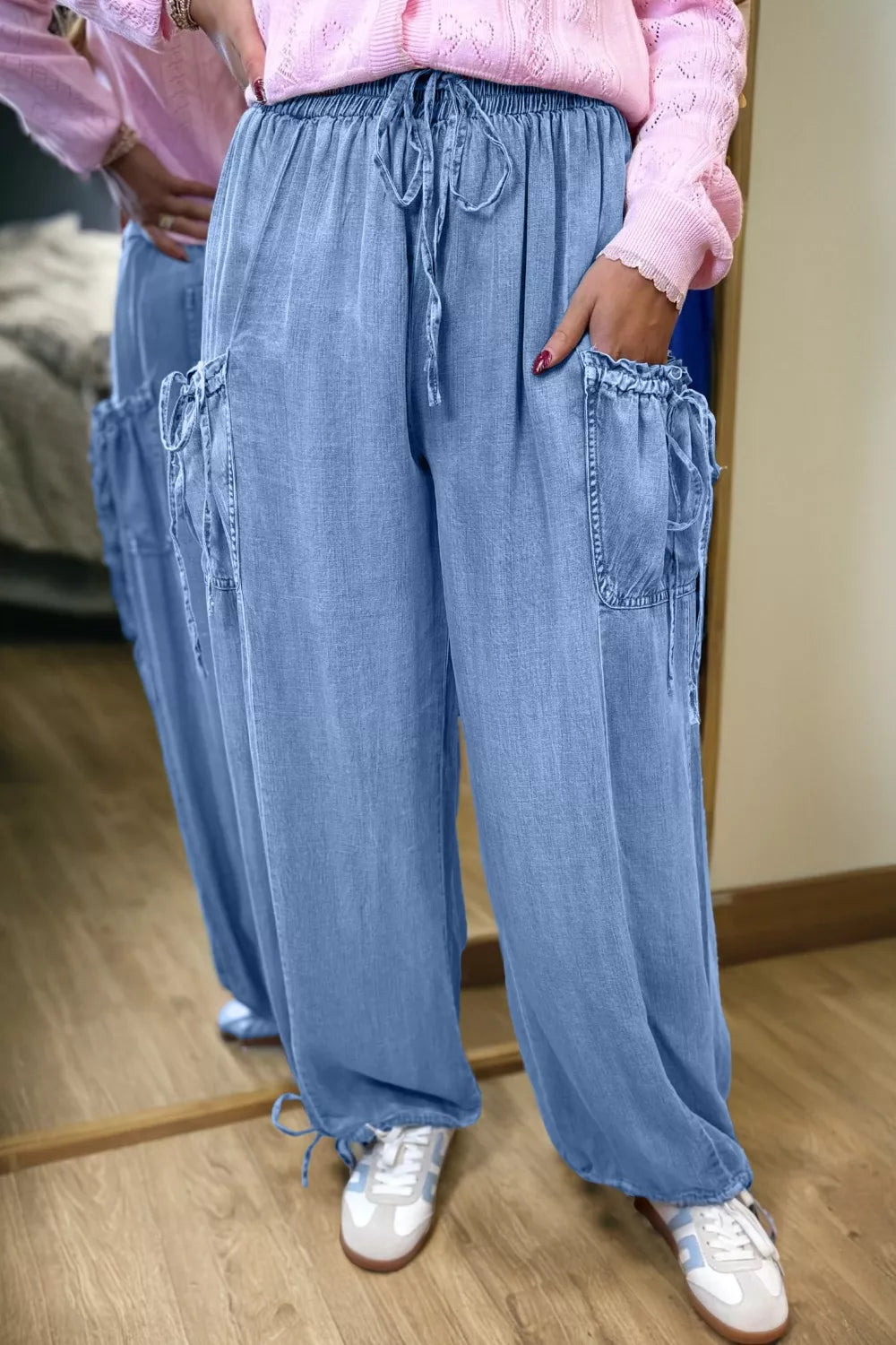 Light Blue Drawstring Elastic Waist Loose Cargo Jeans