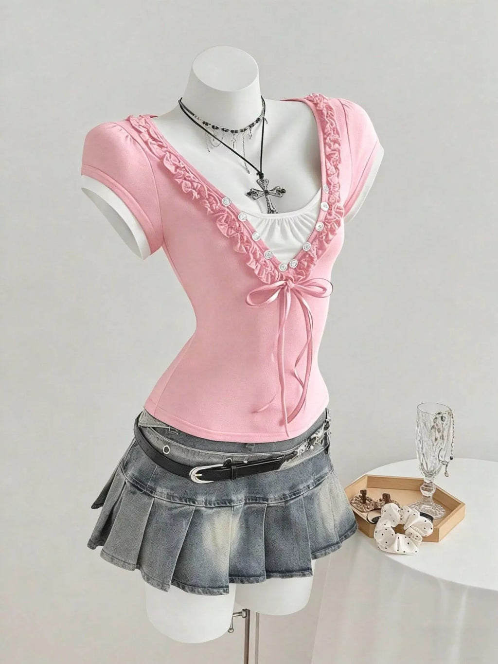 Pink Frill Trim Bow Detail Cap Sleeve Slim Fit T-Shirt