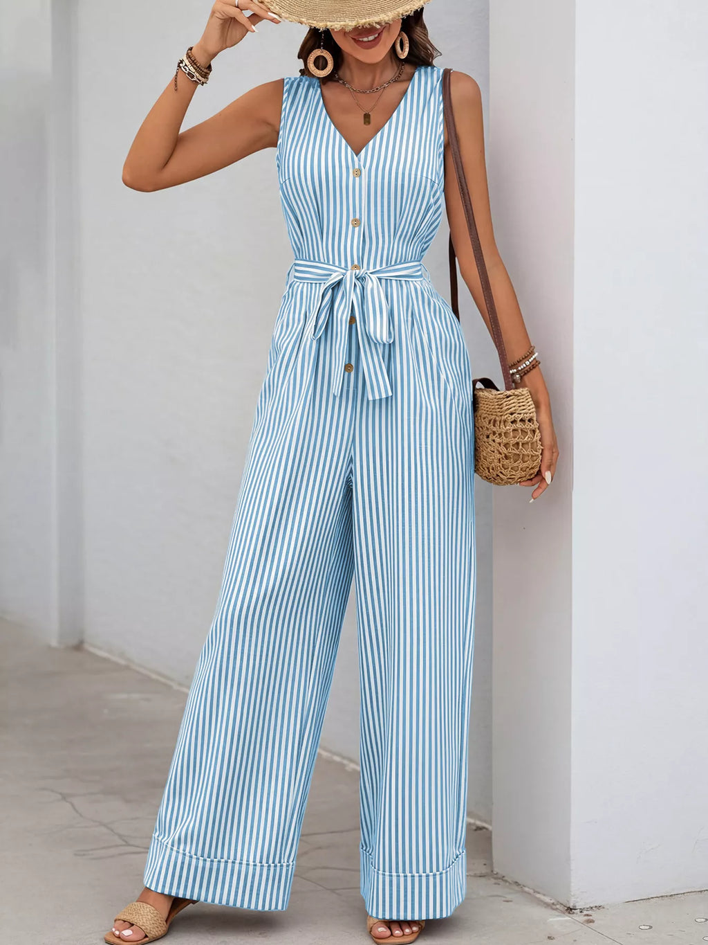 Striped V-Neck Wide Leg Jumpsuit with Tie Waist and Pockets