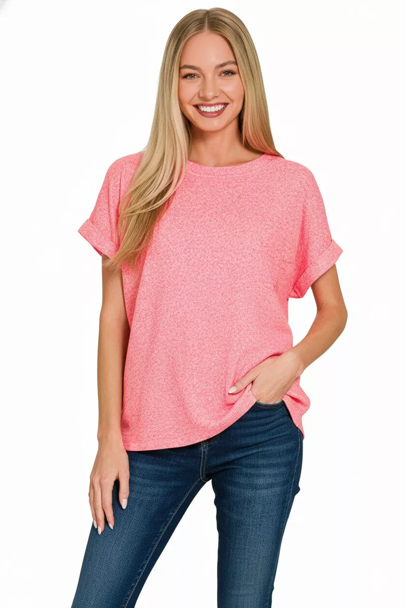 Zenana Soft Melange Hacci Short Sleeve Top