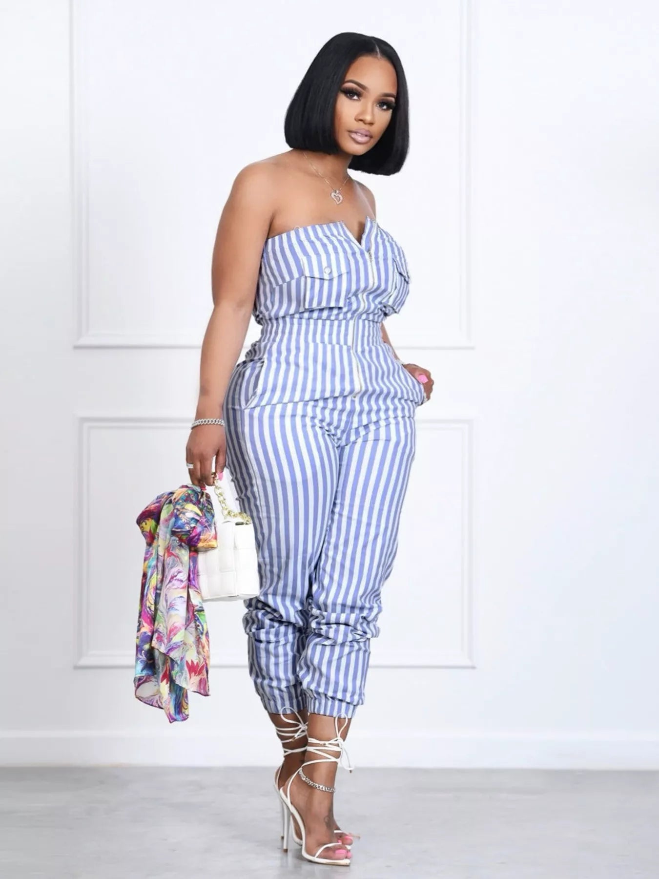 Blue and White Striped Strapless Casual Jumpsuit with Pockets