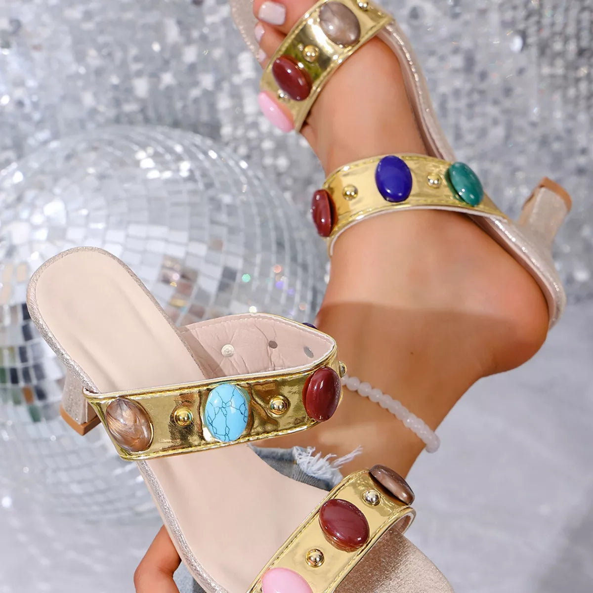 Women's Open Toe Block Heel Sandals in Gold & Leather