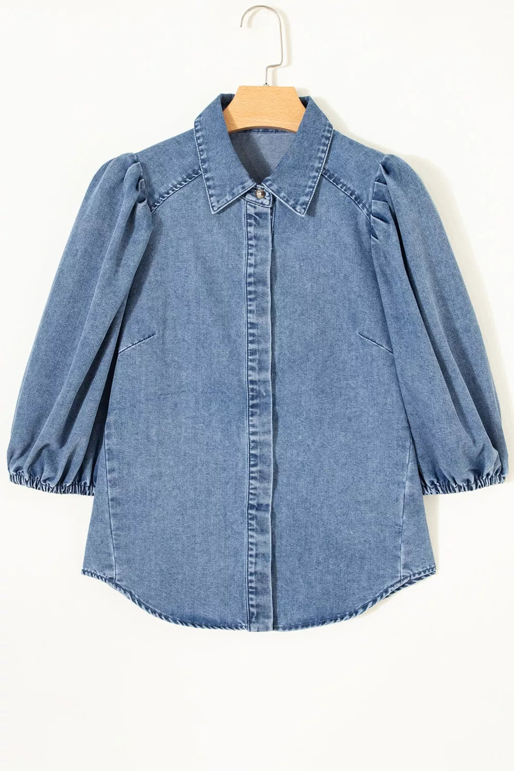 Blue Denim Puff Sleeve Shirt with Collared Button Down Front