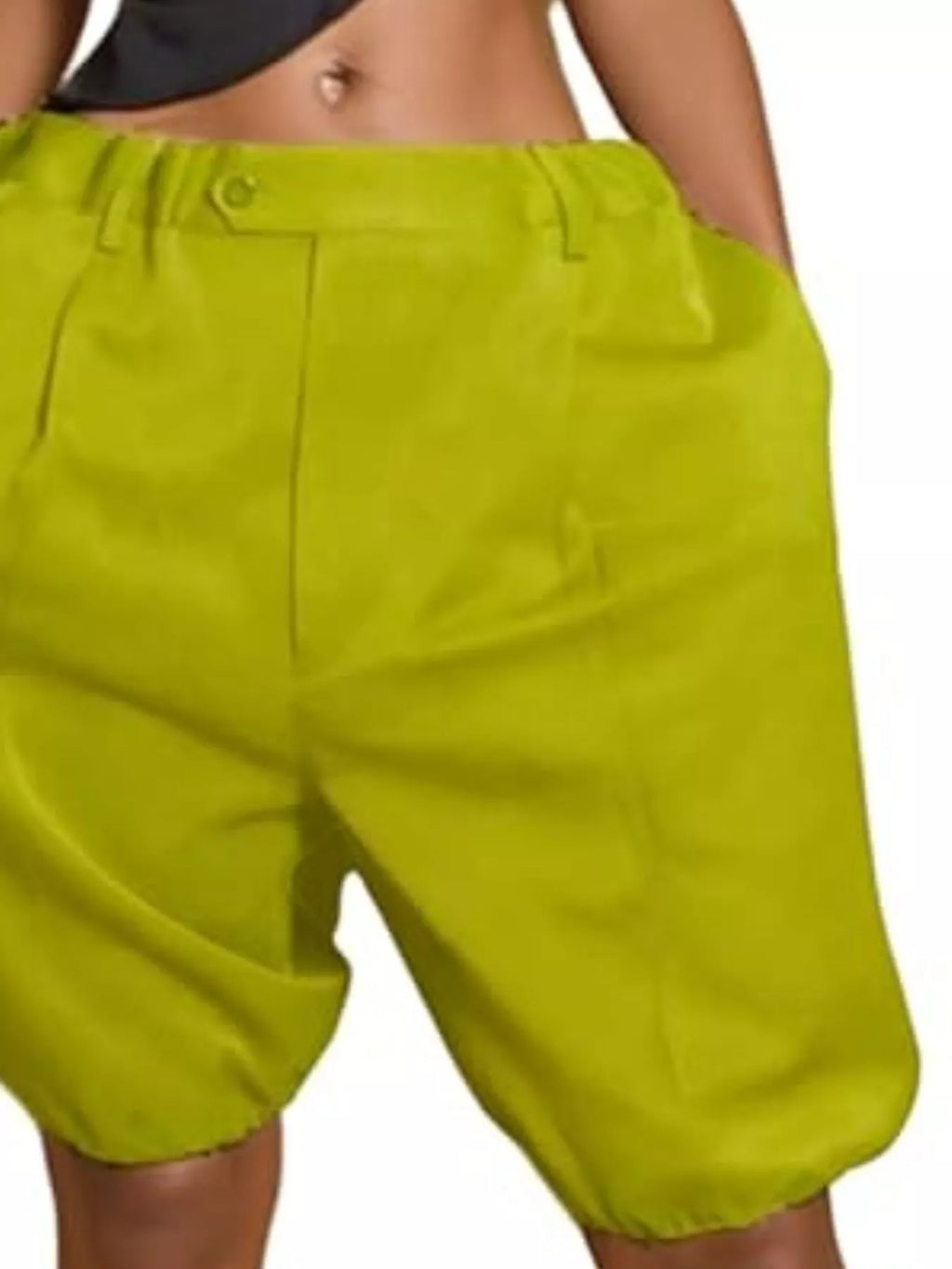 High Waist Pleated Khaki Shorts with Bubble Hem Detail