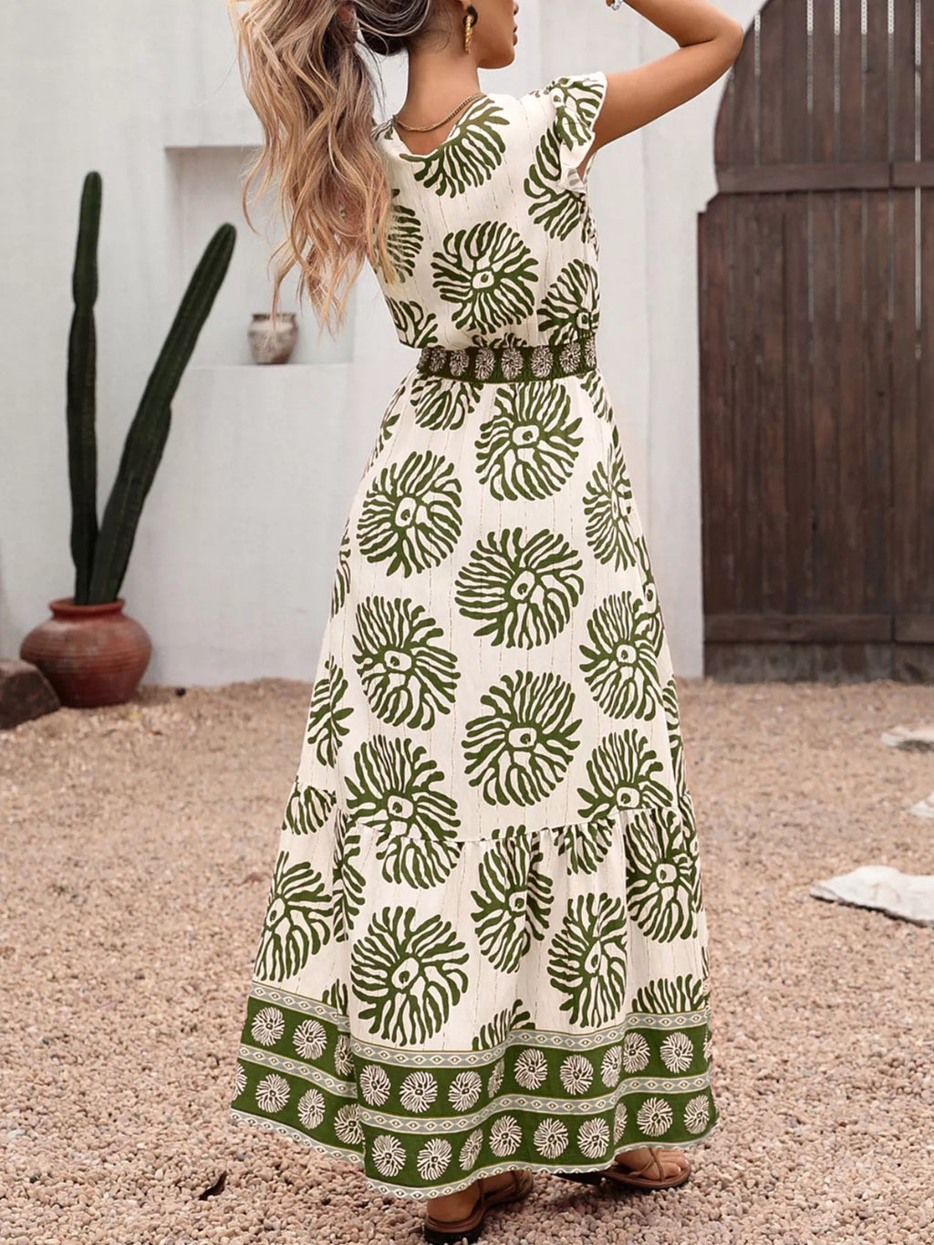 Floral Print V-Neck Ruffle Cap Sleeve Maxi Dress