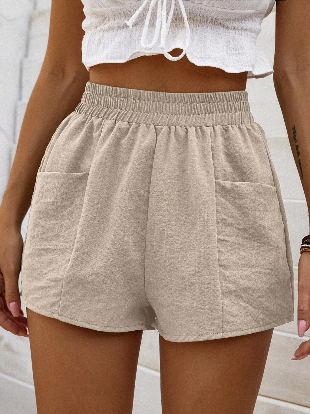 Beige High Waist Elastic Shorts with Front Pockets