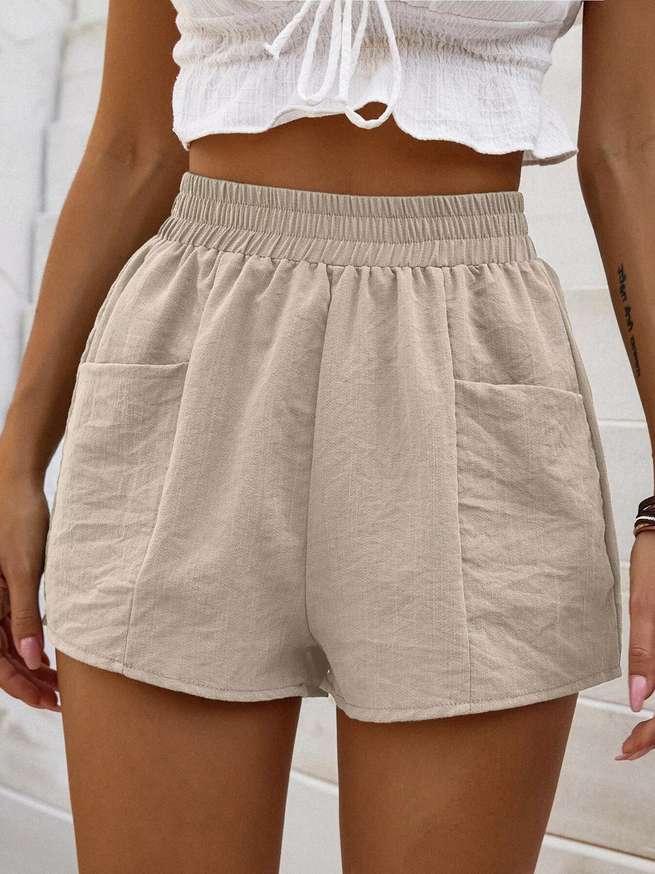 Beige High Waist Elastic Shorts with Front Pockets