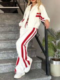 Women White Red Striped Zip Up Track Jacket and Pants Set
