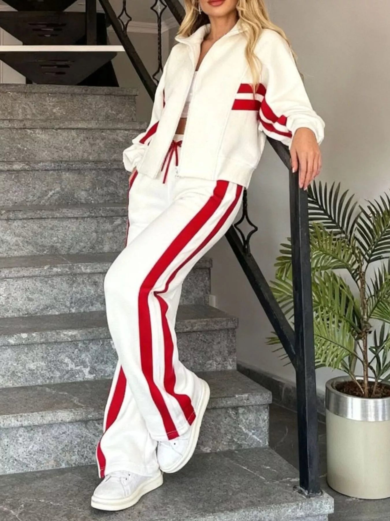Women White Red Striped Zip Up Track Jacket and Pants Set