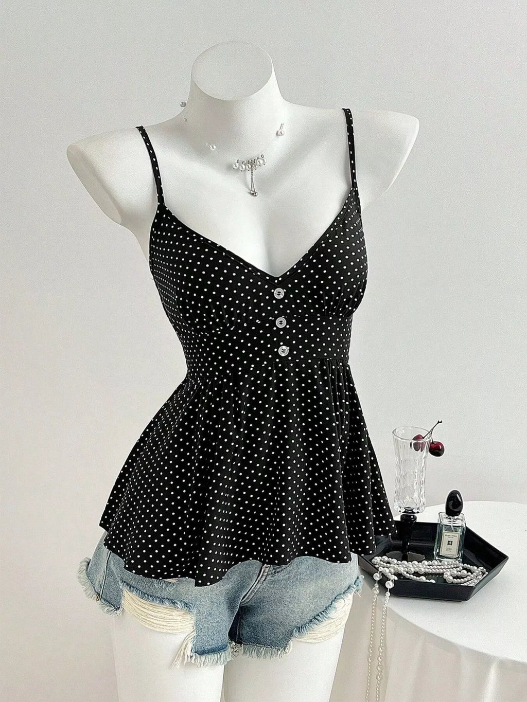 Black Polka Dot V-Neck Peplum Cami Tank Top