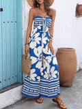 Blue Floral Print Tie Front Strapless Wide Leg Jumpsuit