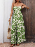 Tropical Print Tie Front Strapless Wide Leg Jumpsuit Green
