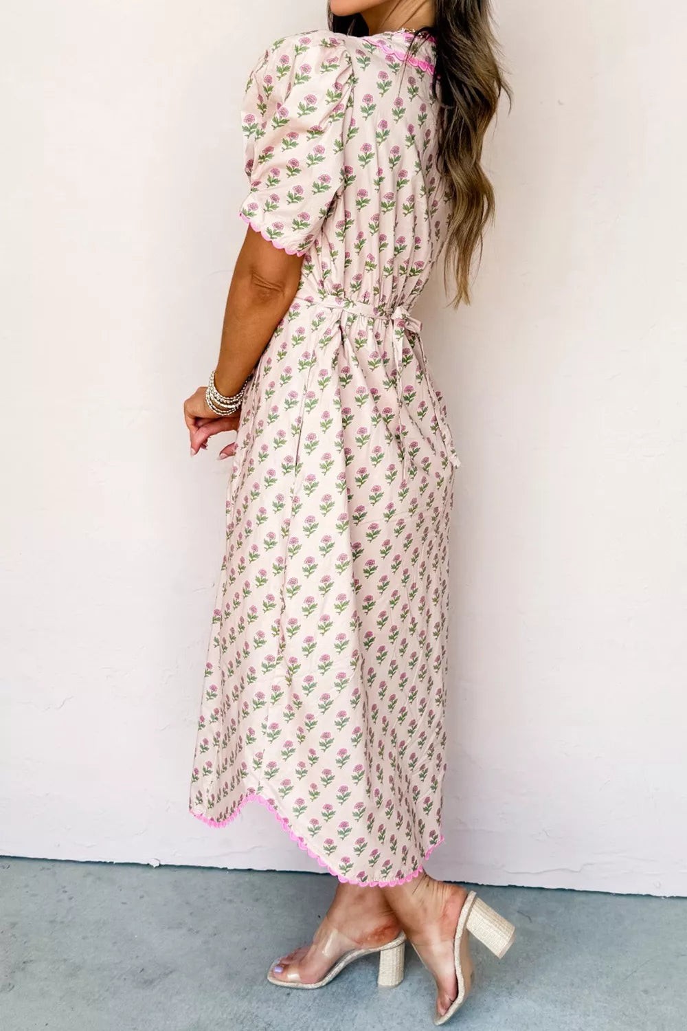 Floral Print Button Front Midi Dress with Scallop Trim Details