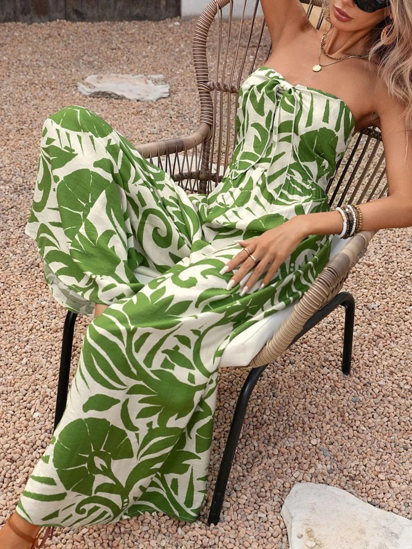 Tropical Print Tie Front Strapless Wide Leg Jumpsuit Green
