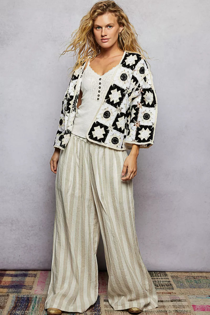 Women's Open Front Crochet Cardigan with Geometric Patterns