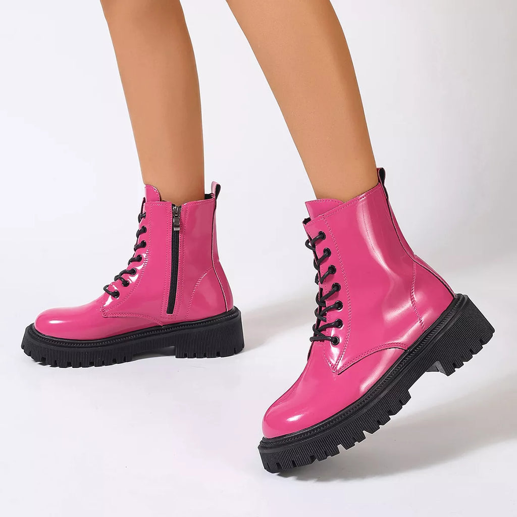 Women's Lace-Up Platform Combat Boots in Fuchsia or Green