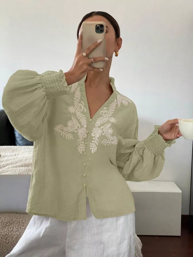 Women's Embroidered White Long Sleeve Notched Collar Blouse