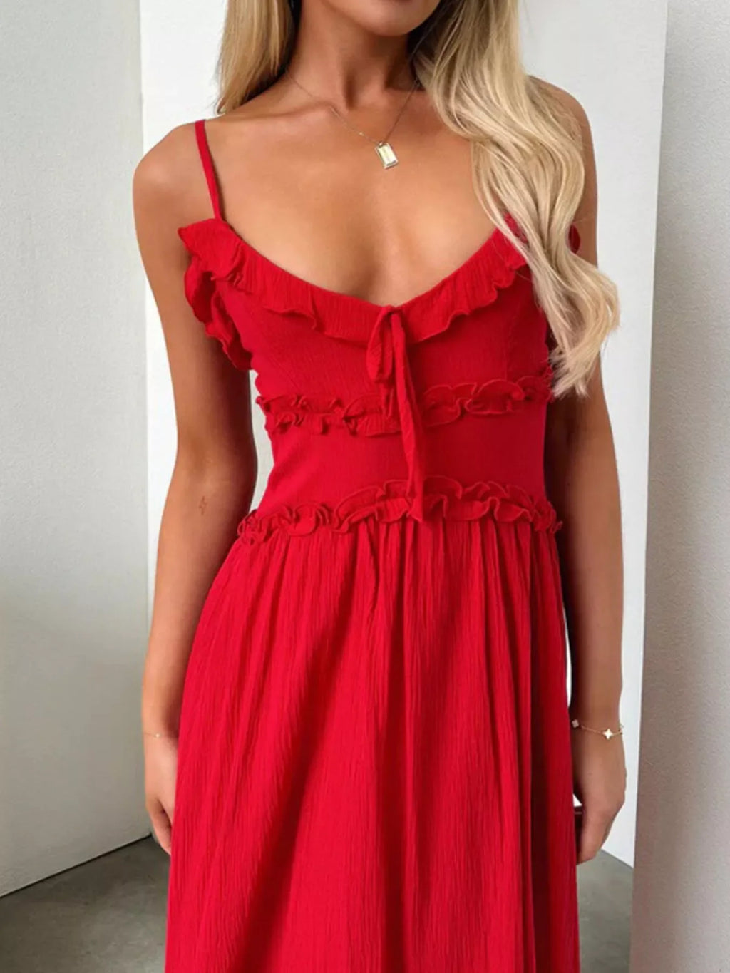 Light Pink Ruffled Spaghetti Strap Midi Dress