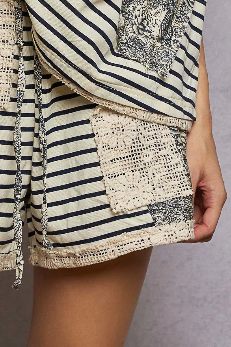 Striped Shorts with Paisley Print and Crochet Patches