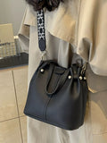 Black PU Leather Bucket Crossbody Bag with Patterned Strap