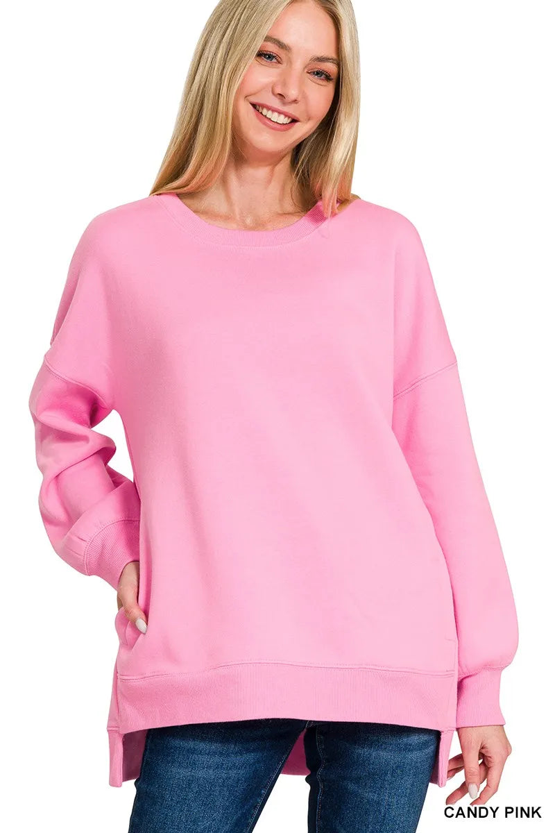 Zenana Fleece Hi-Low Boyfriend Sweatshirt with Pockets Pink
