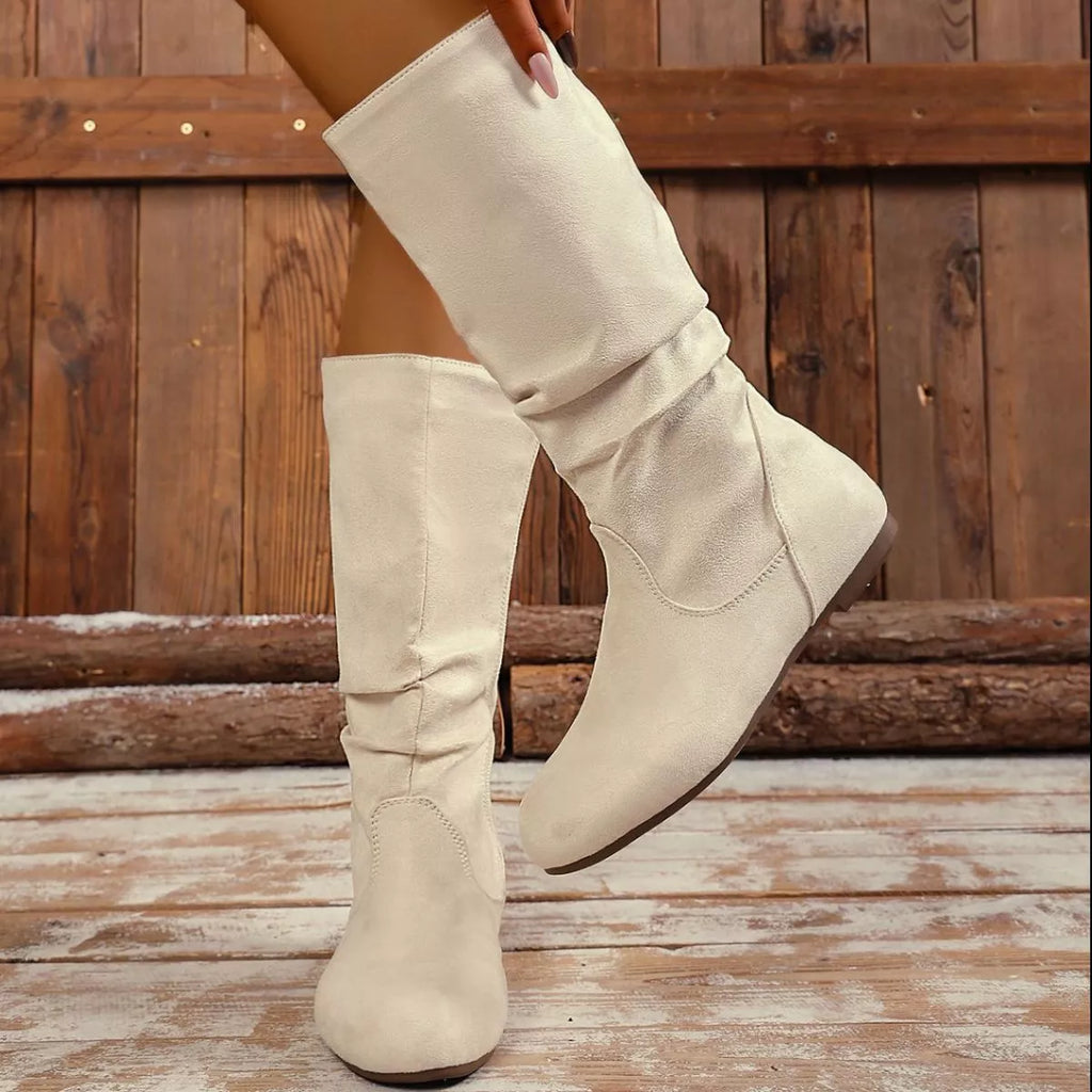 Women's Round Toe Side Zip Suede Mid-Calf Boots