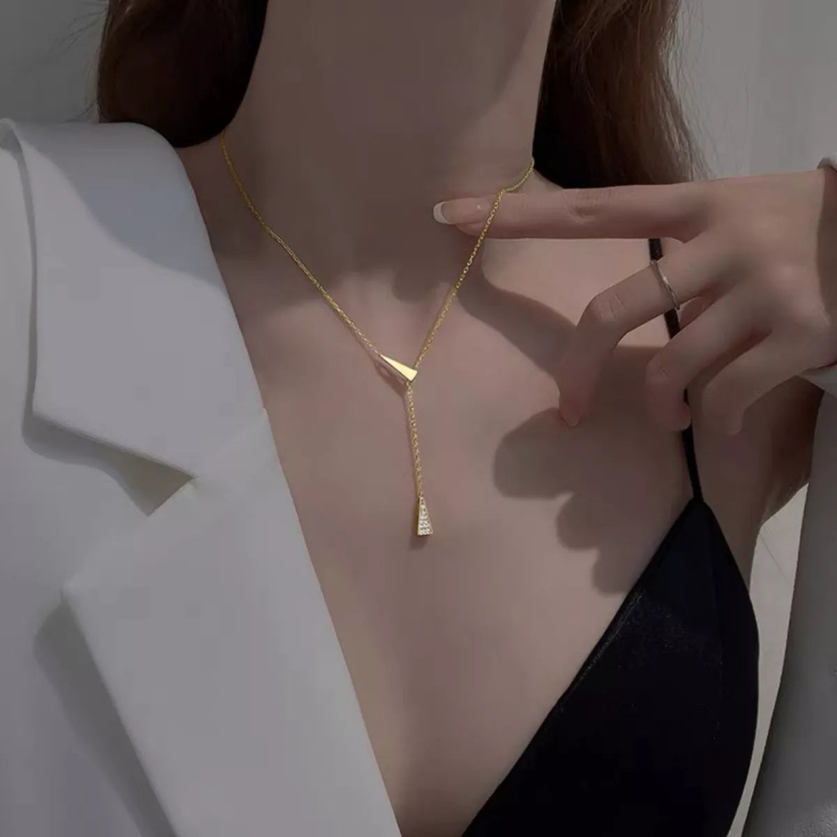 Dainty Triangle Pendant Y-Necklace with Zircon Accents