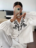 Women's Embroidered White Long Sleeve Notched Collar Blouse