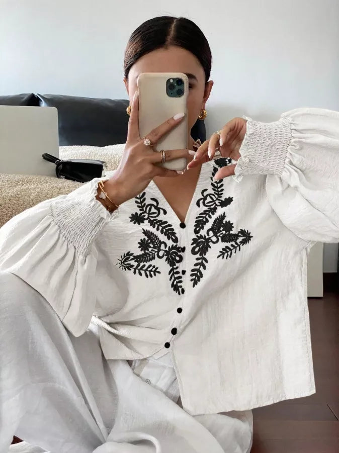 Women's Embroidered White Long Sleeve Notched Collar Blouse