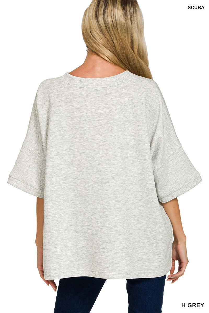 Scuba Round Neck Top in Heather Grey with Side Slits