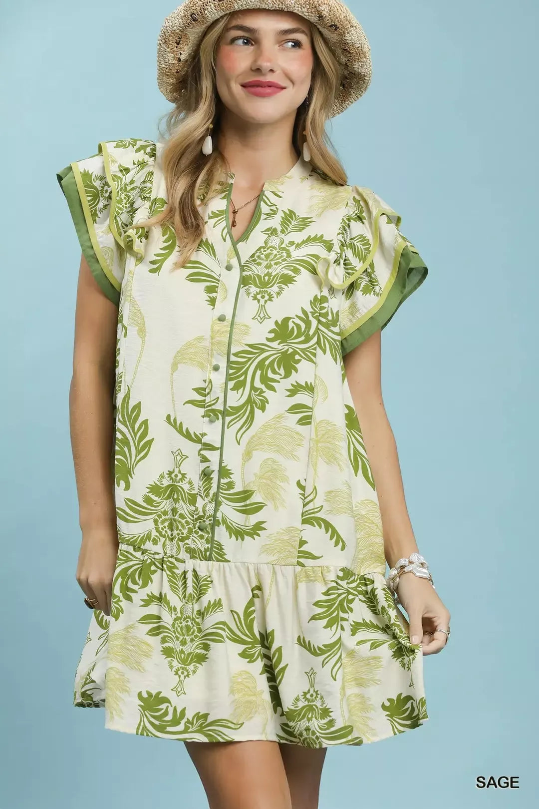 Sage Toile Print Button Front Mini Dress with Flutter Sleeves