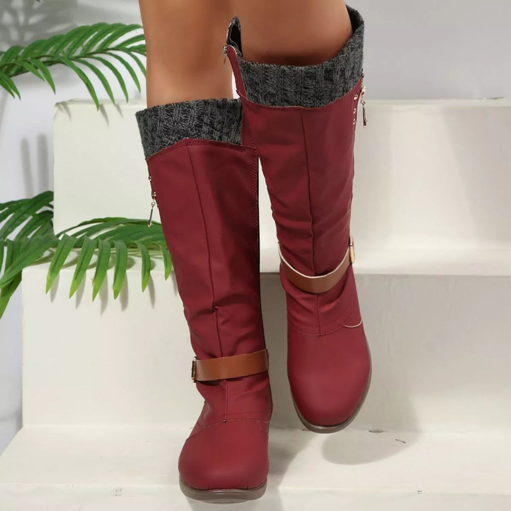 Women Black Suede Mid-Calf Boots with Knit Cuff and Buckle Detail