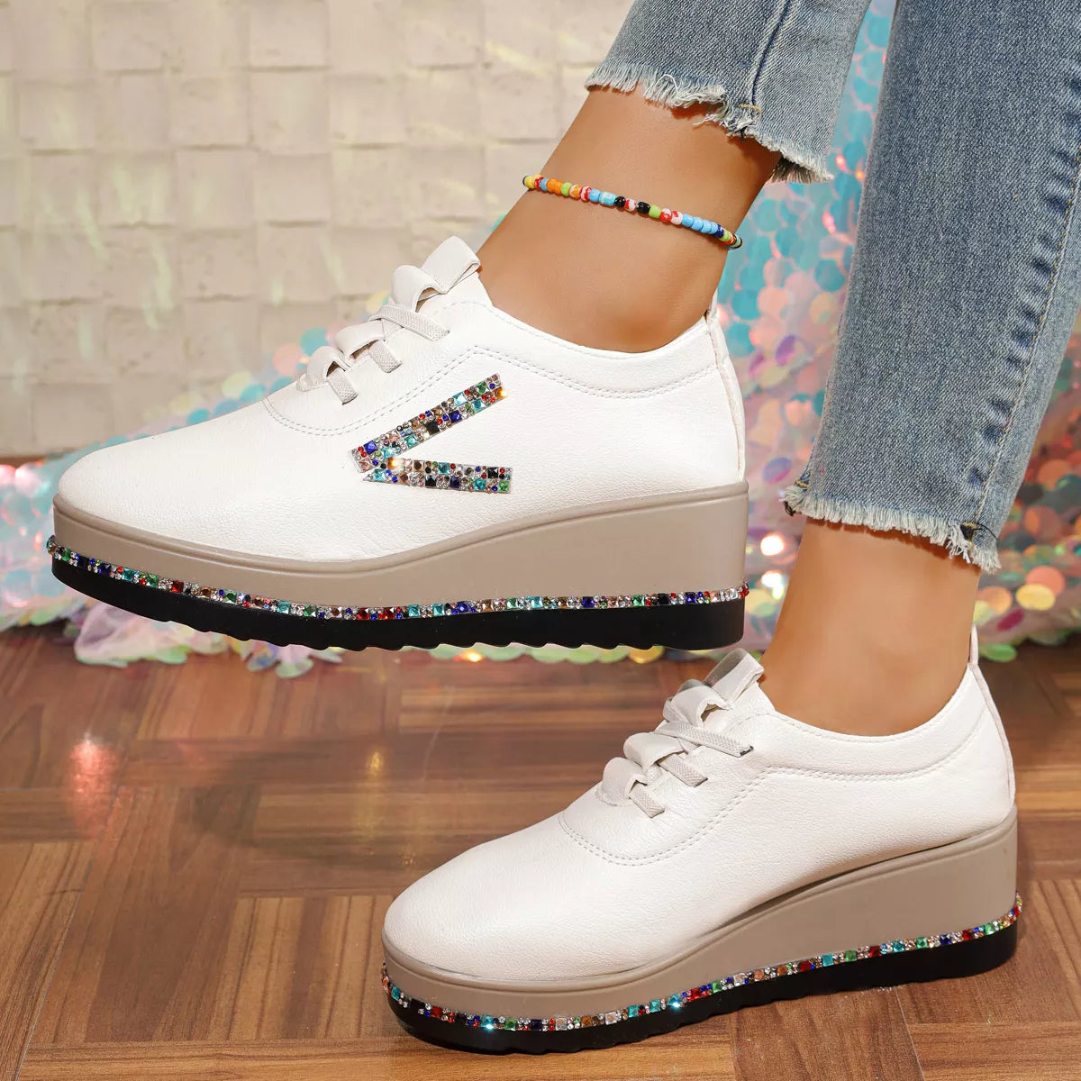 White Rhinestone Wedge Sneakers Mid Heel Comfort Walking Shoes