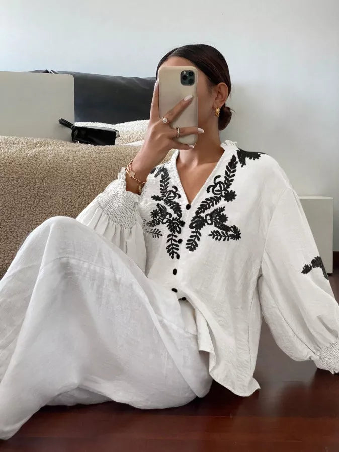 Women's Embroidered White Long Sleeve Notched Collar Blouse