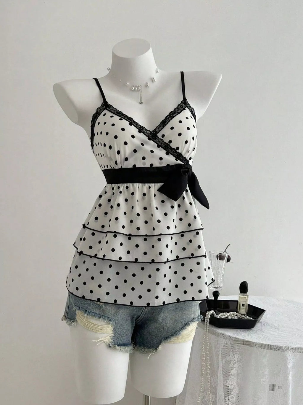Polka Dot Ruffle Hem Cami with Lace Trim and Waist Tie