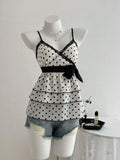 Polka Dot Ruffle Hem Cami with Lace Trim and Waist Tie