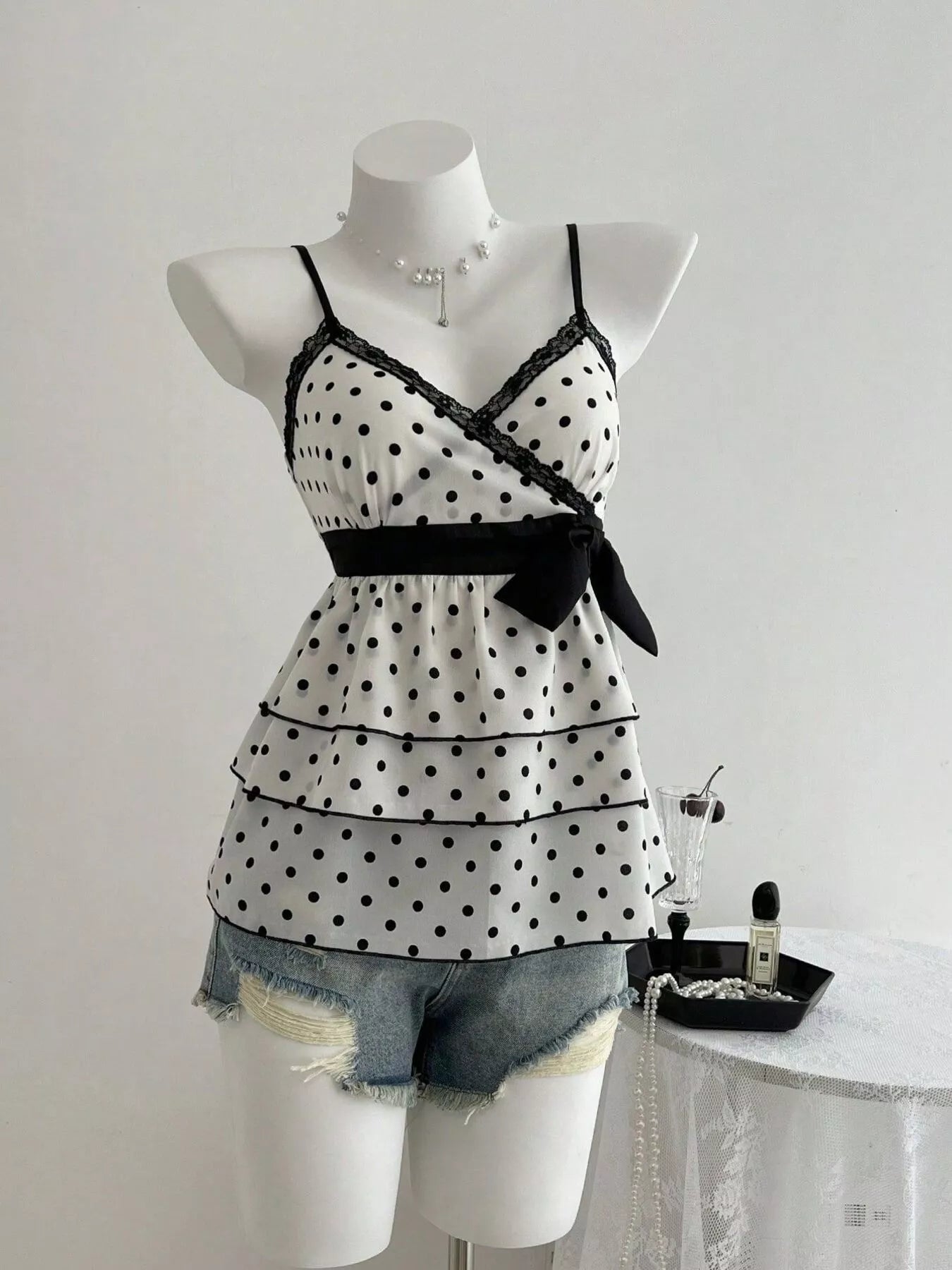 Polka Dot Ruffle Hem Cami with Lace Trim and Waist Tie