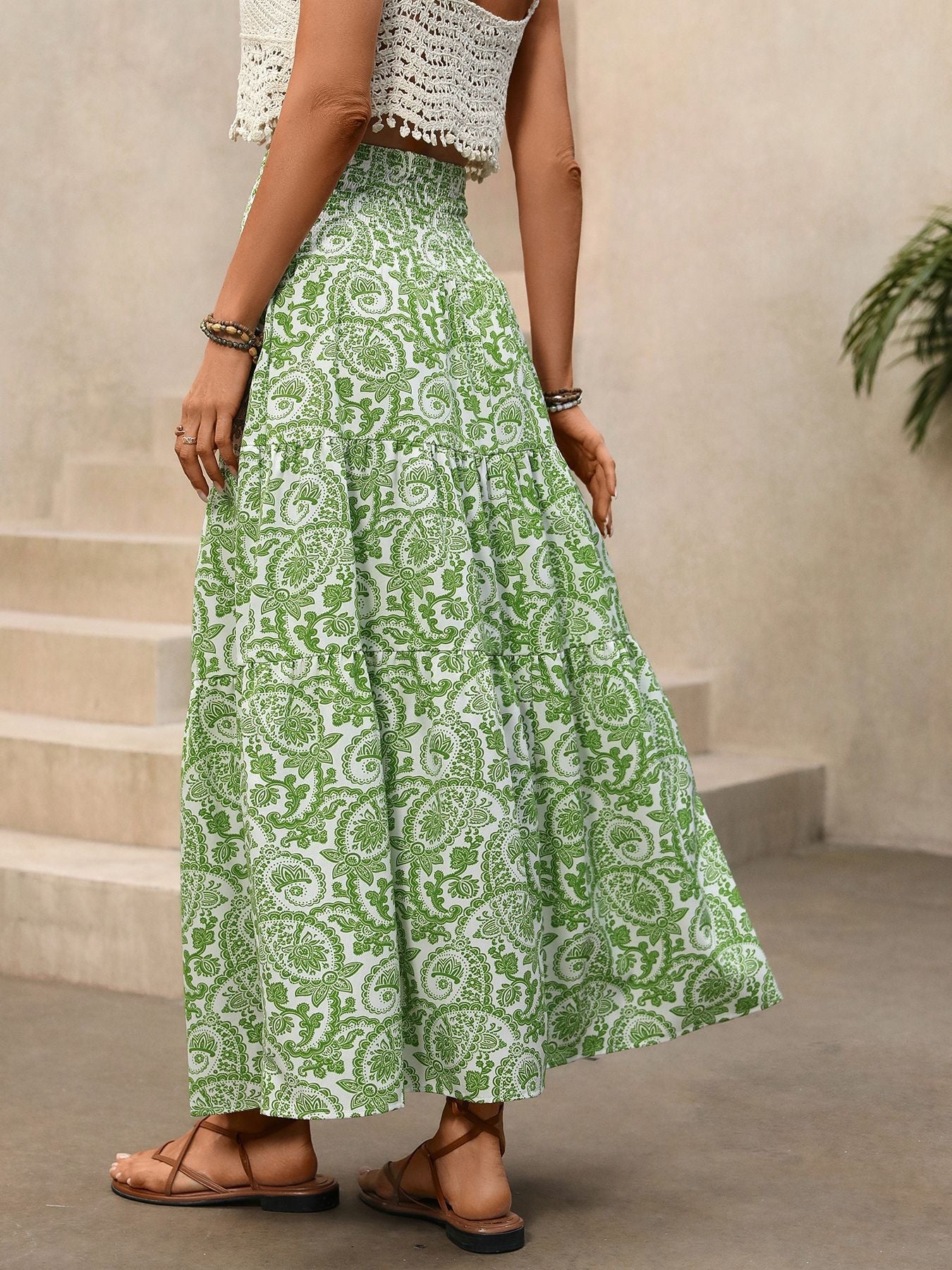 Women's Flowy Green & White Paisley Print Smocked Maxi Skirt
