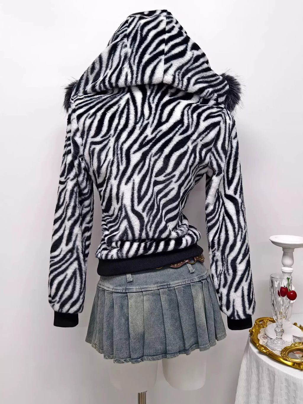 Zebra Faux Fur Hooded Zip-Up Jacket