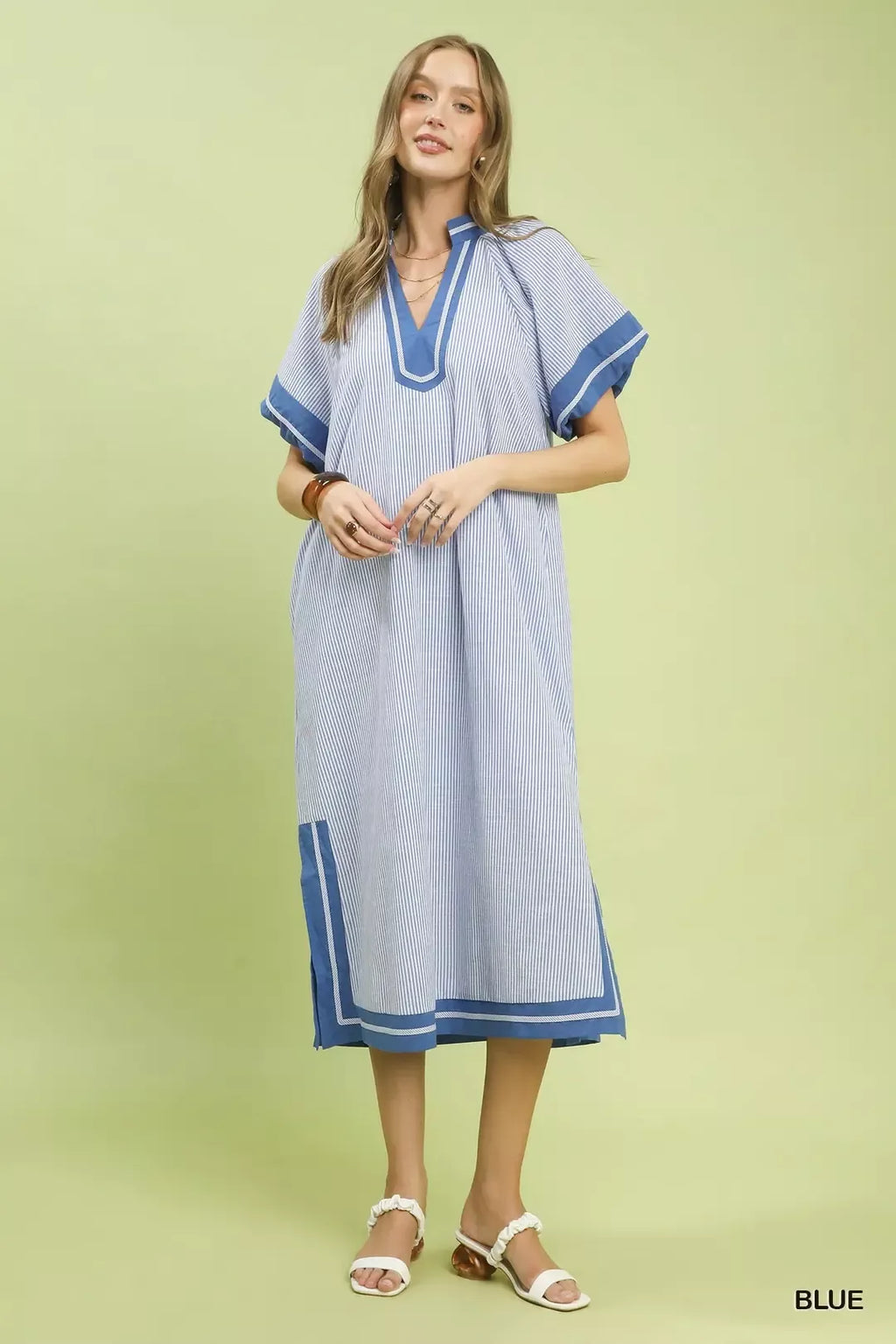 Blue Pinstripe Contrast Trim Midi Dress with Split V-Neck
