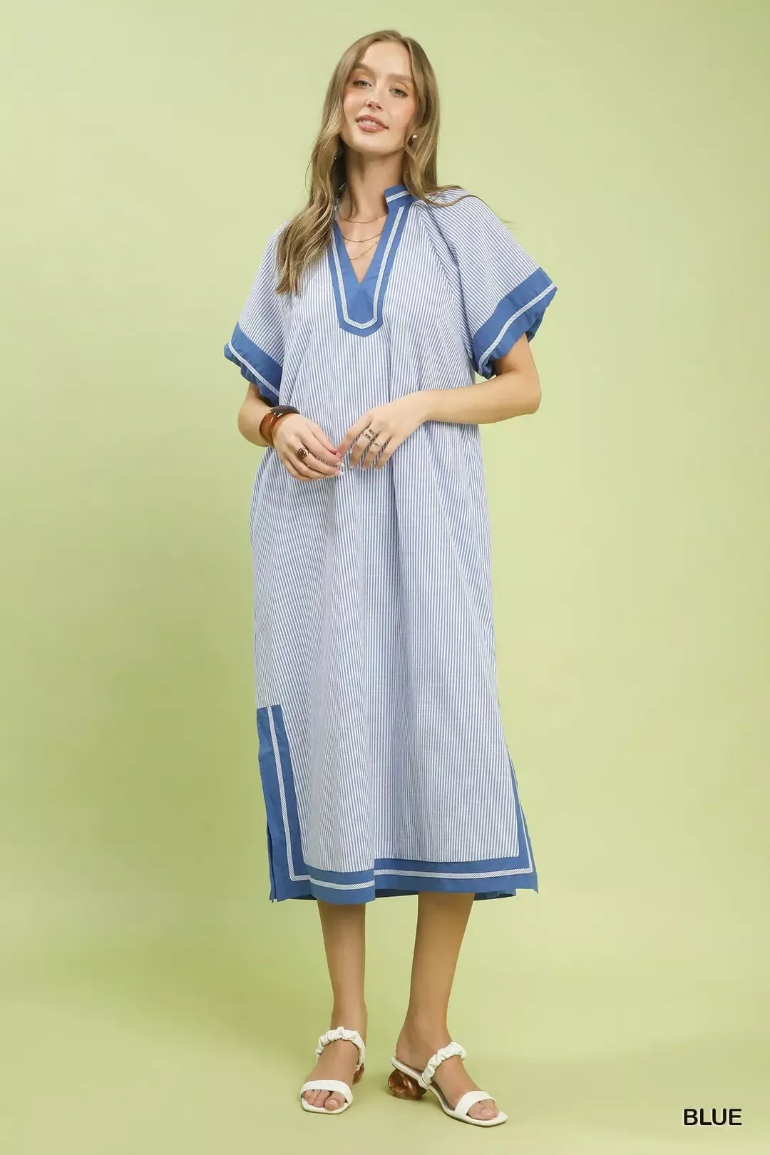 Blue Pinstripe Contrast Trim Midi Dress with Split V-Neck