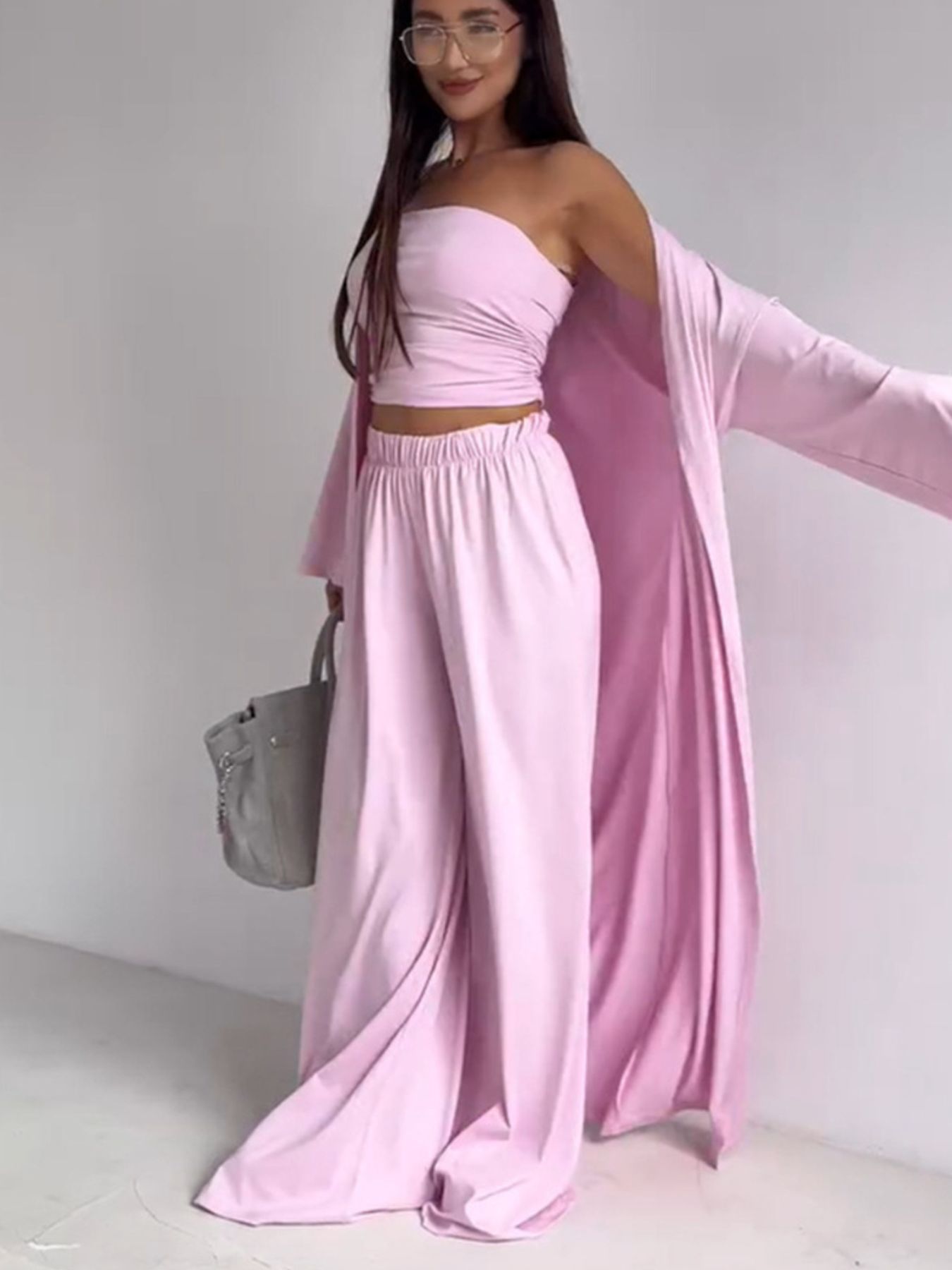 Women Three Piece Tube Top Cardigan and Wide Leg Pants Set