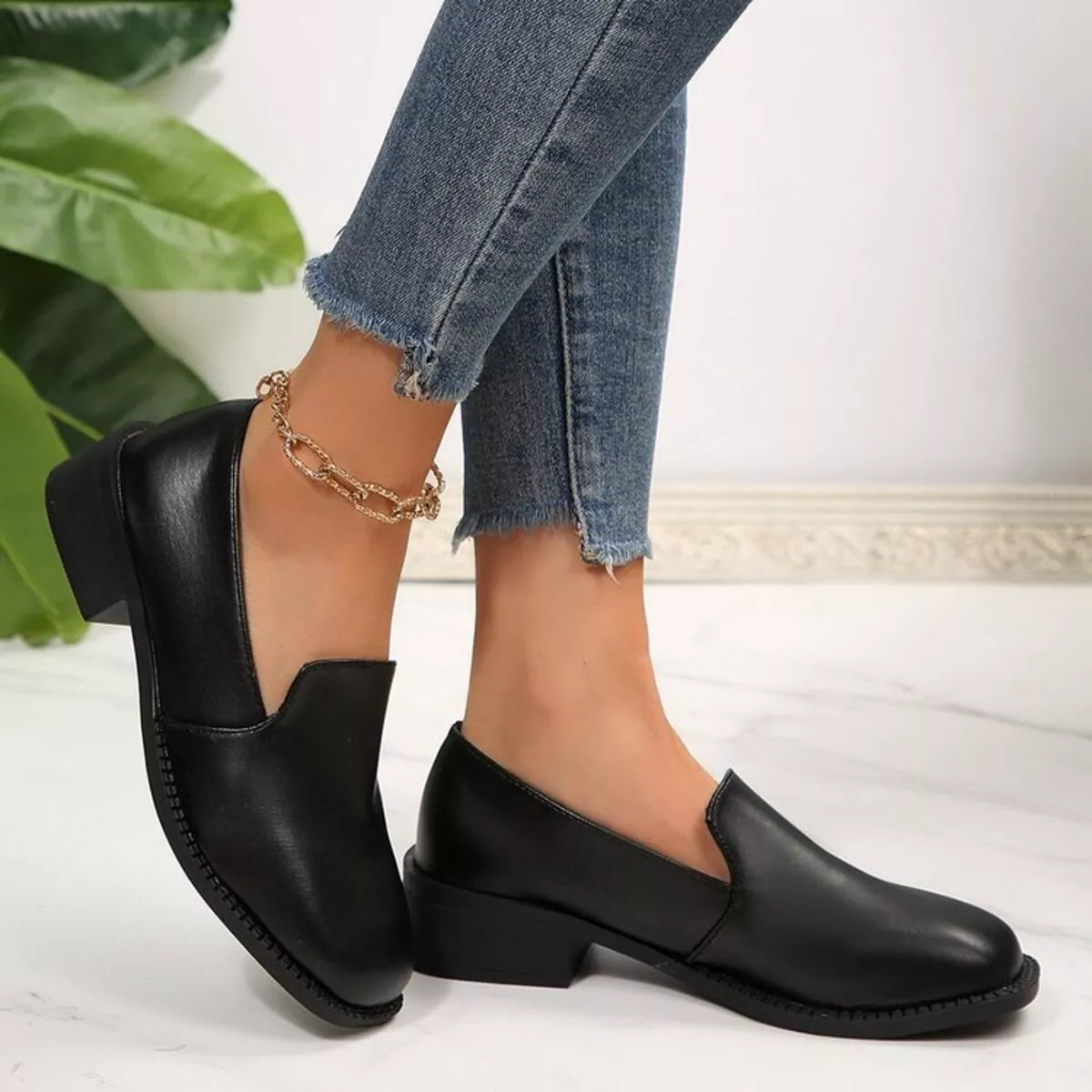 Women's Black Block Heel Loafers Round Toe Casual Dress Shoes