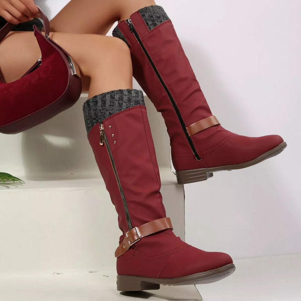 Women Black Suede Mid-Calf Boots with Knit Cuff and Buckle Detail