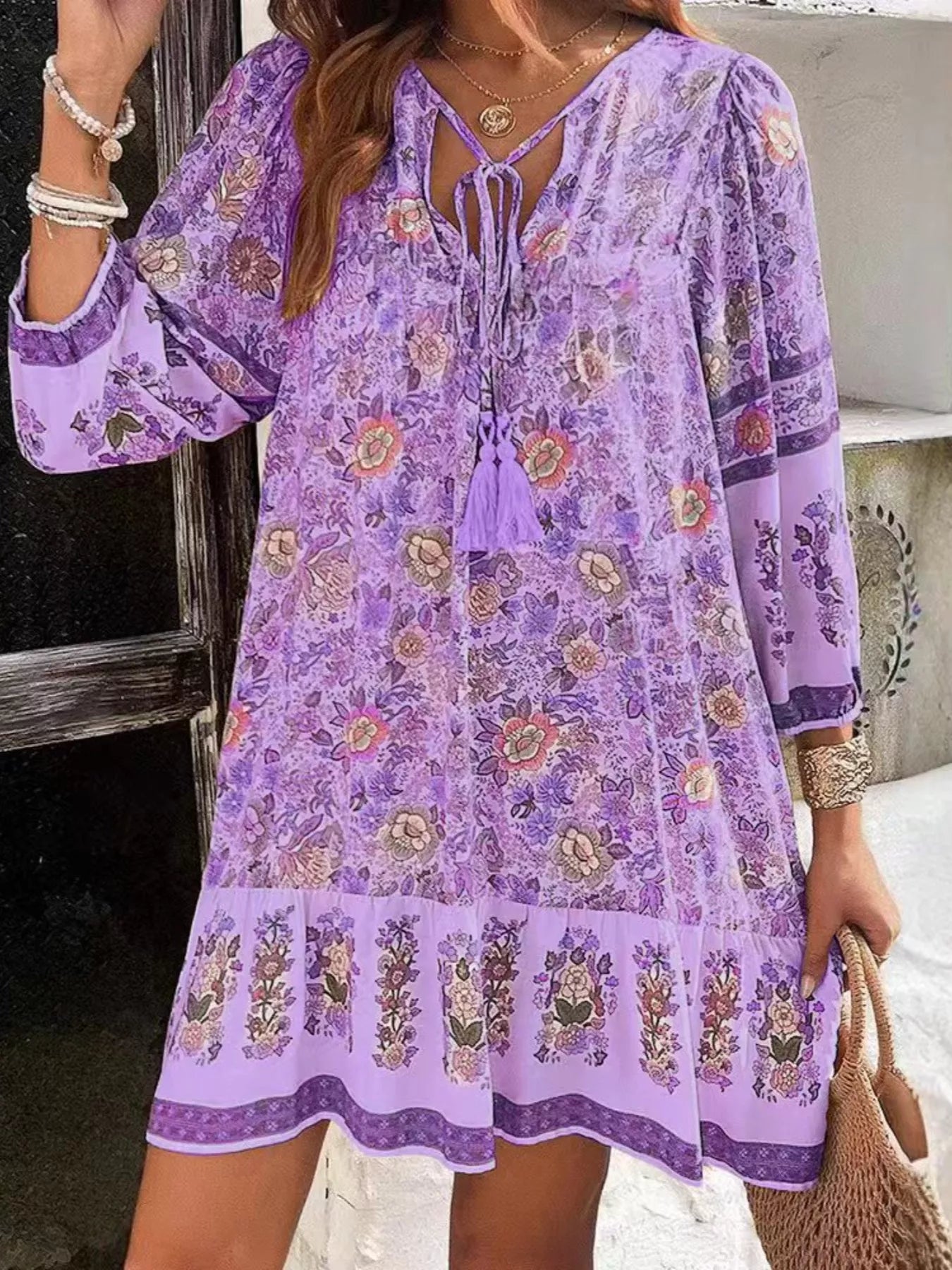 Floral Print Tassel Tie Neck Mini Dress
