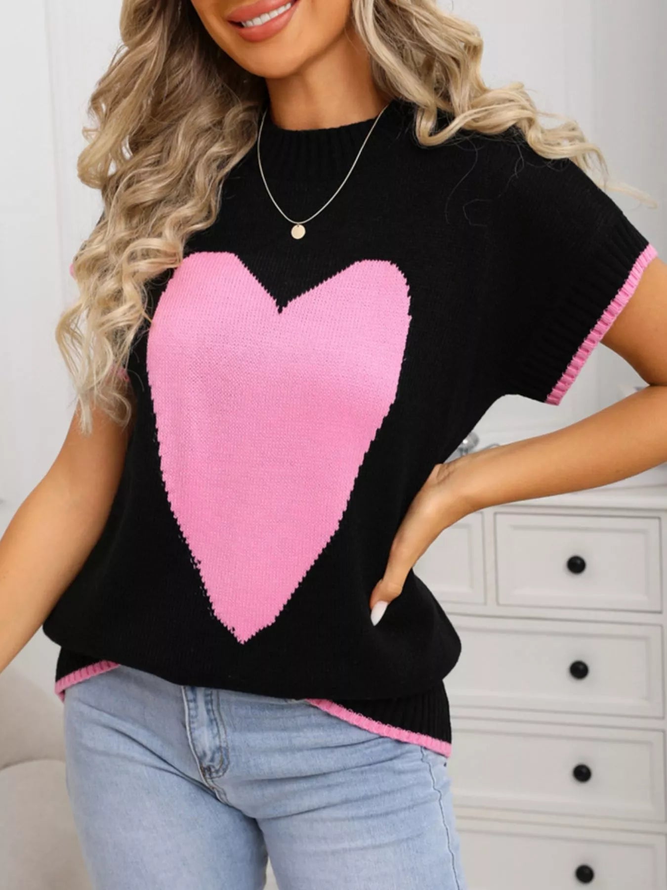 White Short Sleeve Knit Sweater with Red Heart Graphic