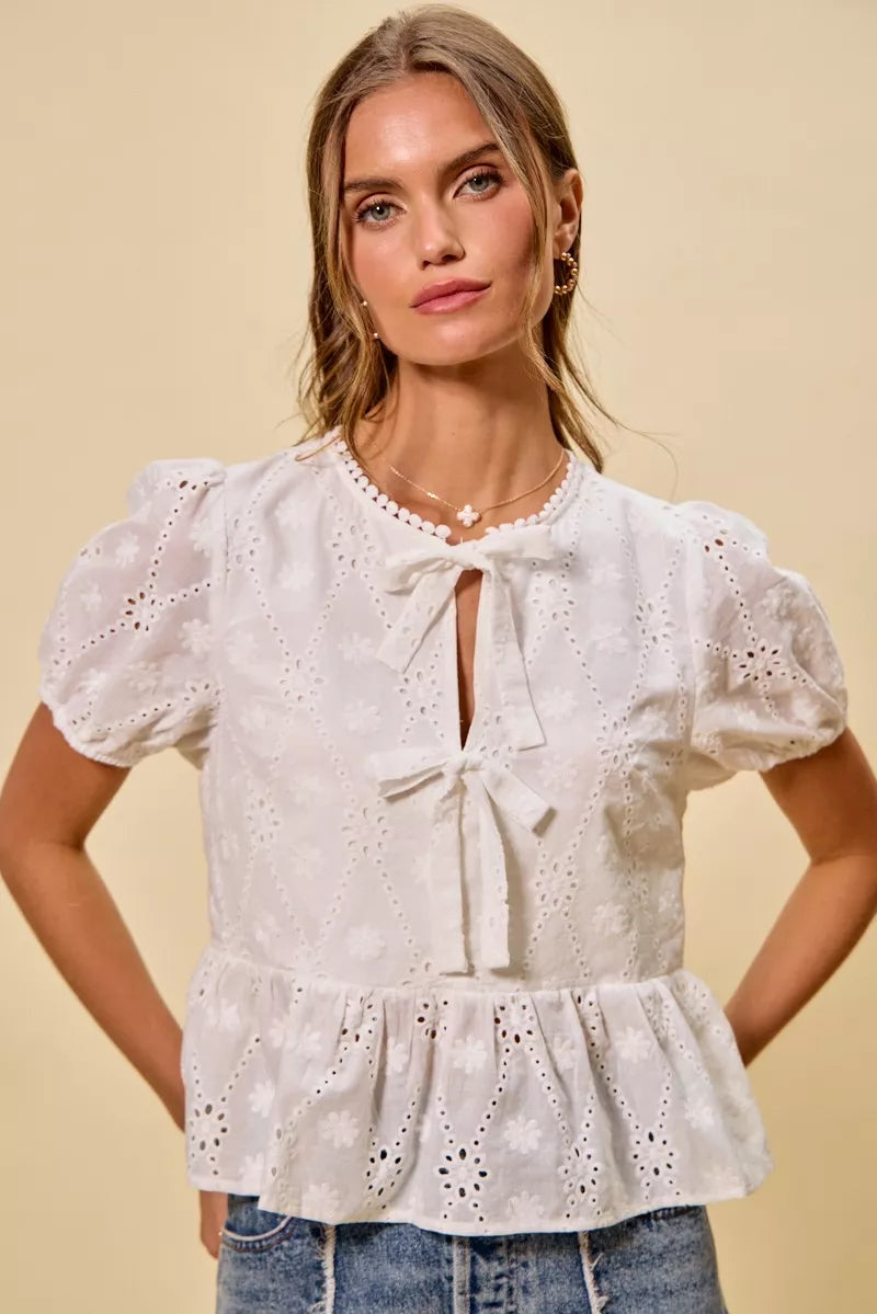 Women's Cotton Eyelet Blouse with Front Tie