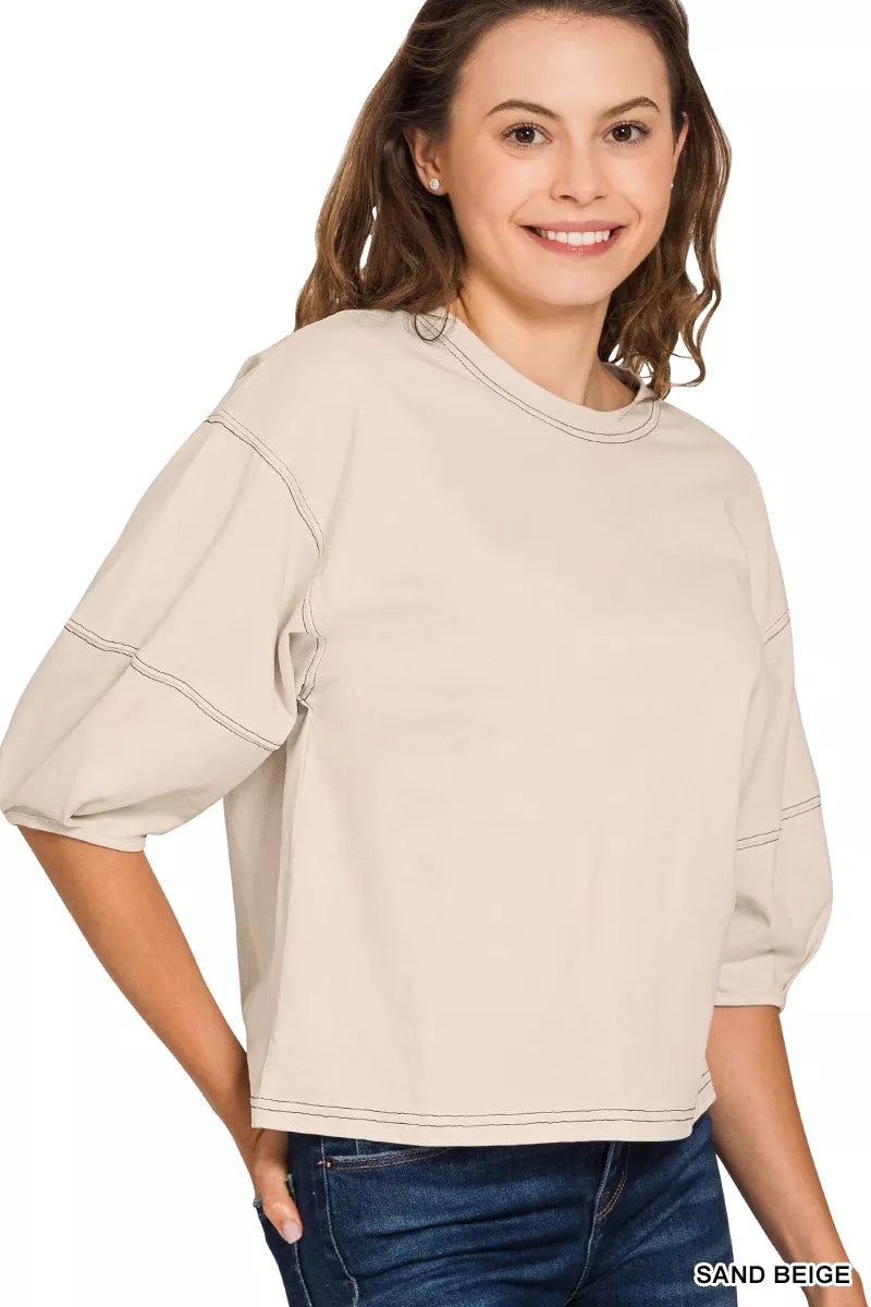 Zenana Balloon Sleeve Top | Cotton Contrast Stitching Tee