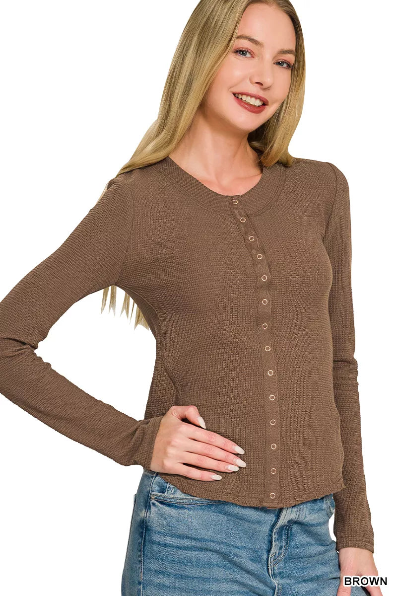 Women's Long Sleeve Snap Button Waffle Knit Top in Brown